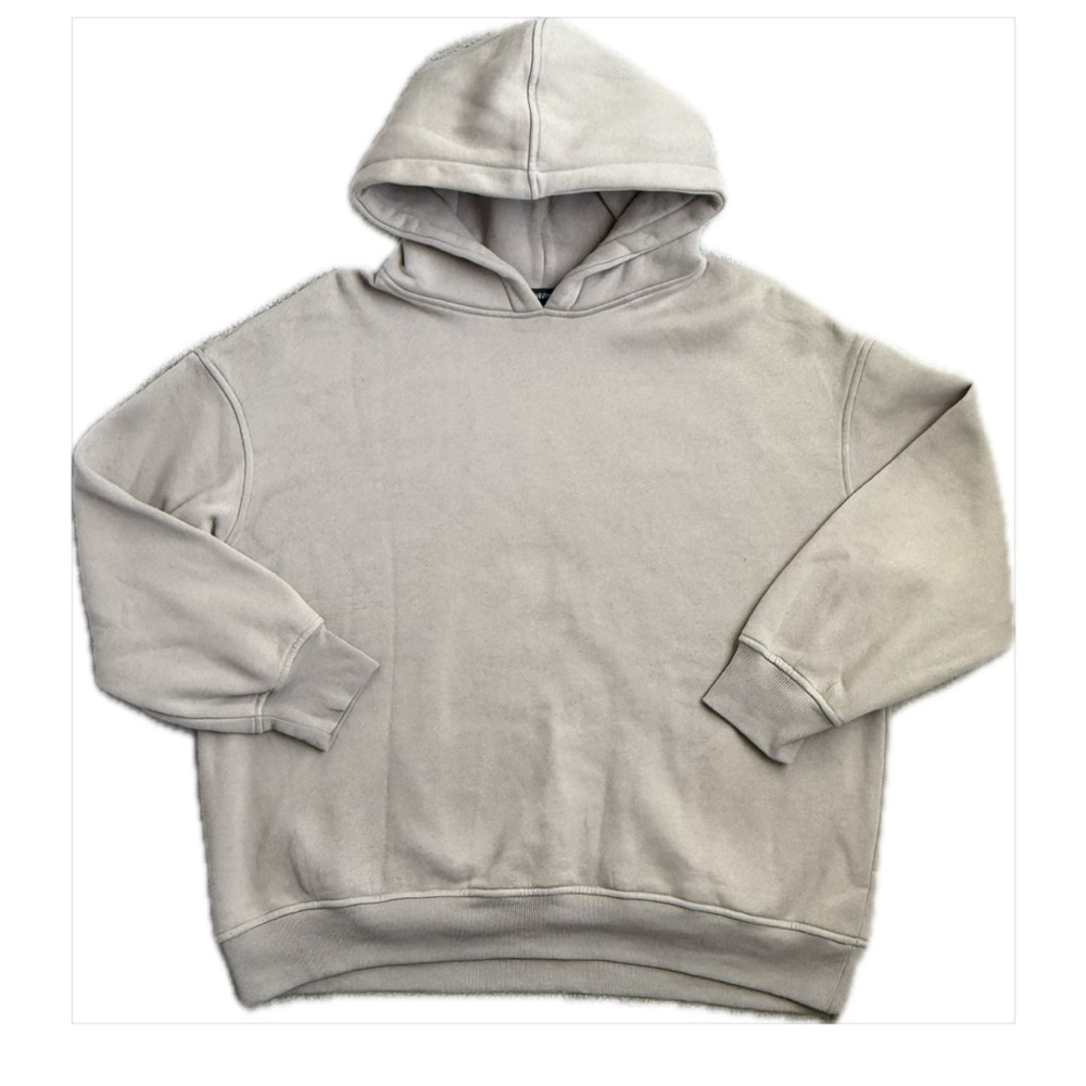 Gray Pullover Sweatshirt with Hood and Ribbed Cuffs